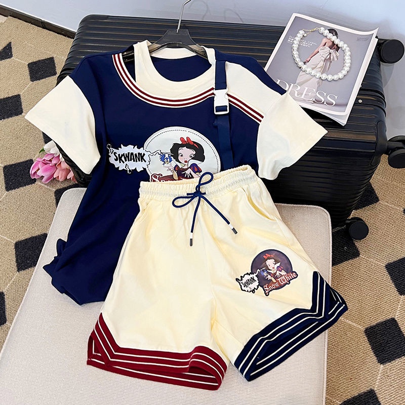 Bộ áo thun tay ngắn + quần short thể thao phong cách phương tây thời trang mùa hè cho nữ