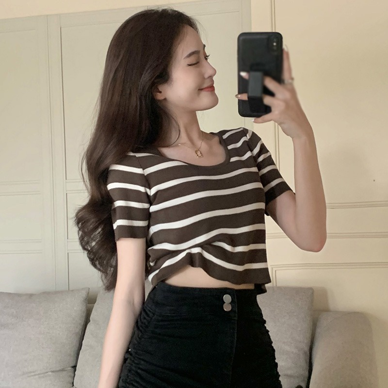 Áo Croptop Dệt Kim Tay Ngắn Cổ Tròn Thời Trang Mùa Hè Cho Nữ