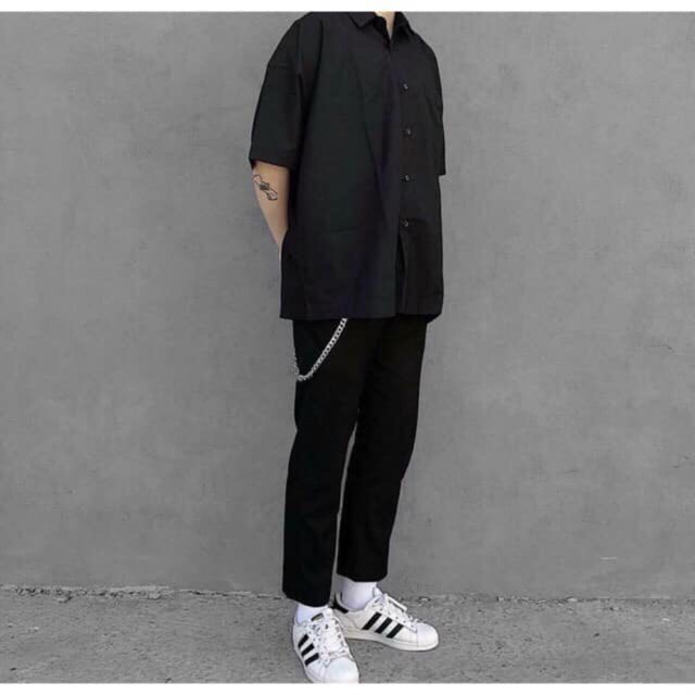 Áo sơ mi Đen tay ngắn form rộng chất vải lụa unisex nam nữ MAYLANSTORE