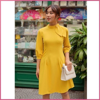 Váy nữ thiết kế CIBI Đầm nữ công sở tay lở cổ nơ vải trơn giản thiết kế có size S M L