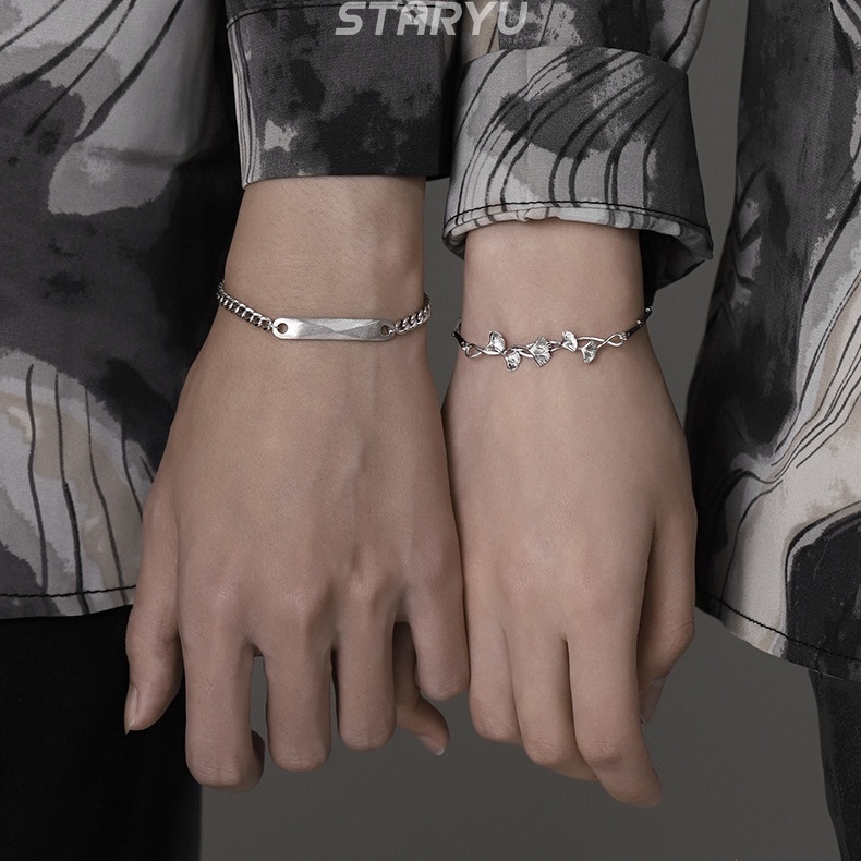 Vòng Tay Bạc 925 Thiết Kế Hình Lá Có Thể Điều Chỉnh Dành Cho Cặp Đôi