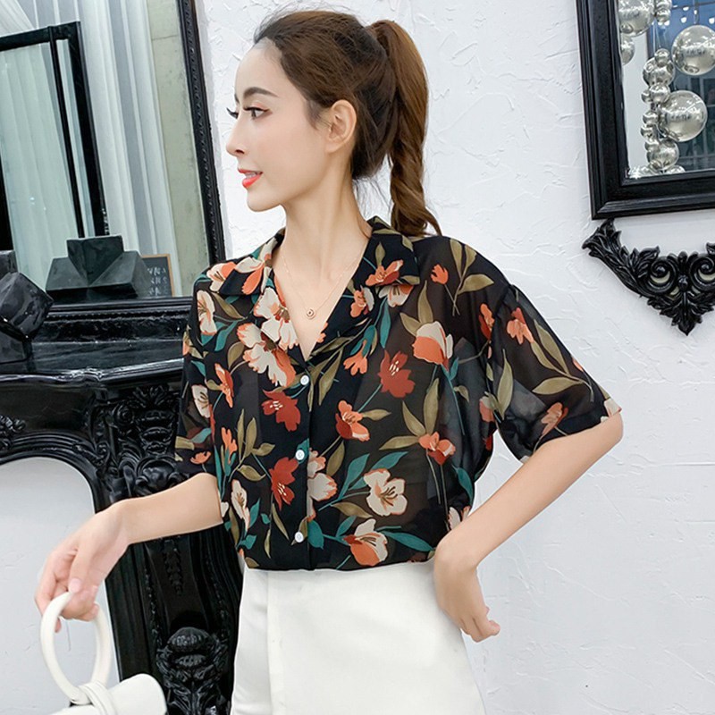 Áo kiểu chất Chiffon tay ngắn hoạ tiết in thời trang mùa hè cho phái nữ