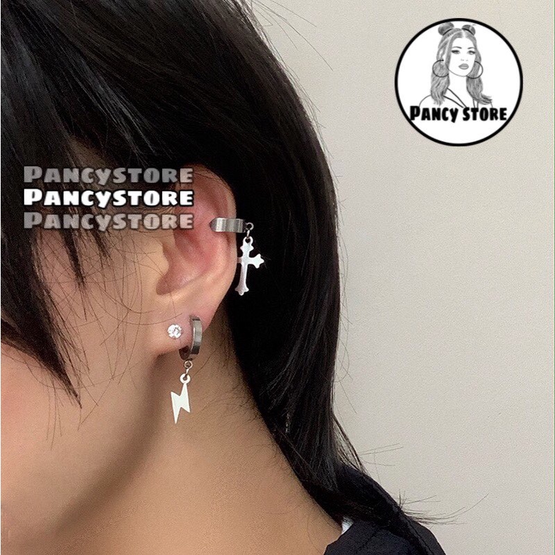 bông tai khuyên tai nam nữ titan tia chớp Unisex