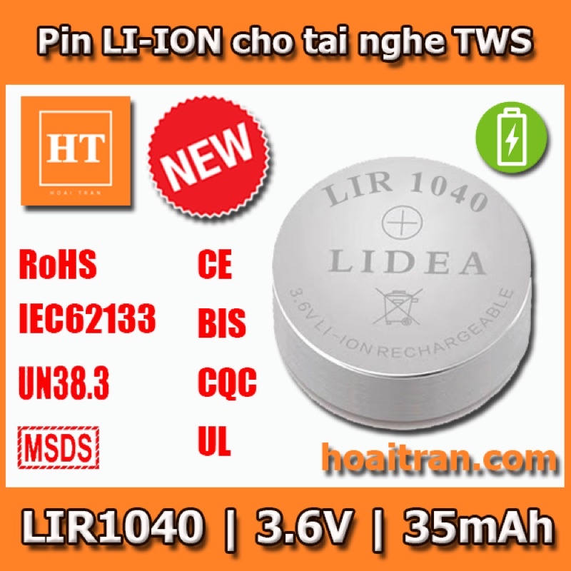 Pin nút Li-ion 3.6V LIR1040 35mAh (Lithium ion) cho tai nghe Bluetooth TWS, có thể sạc lại được