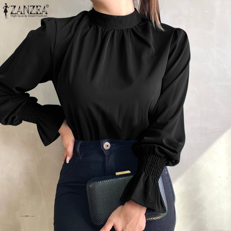 Áo kiểu ZANZEA thời trang nữ cổ kín ống tay áo bo thun dạng loe phù hợp mặc hàng ngày