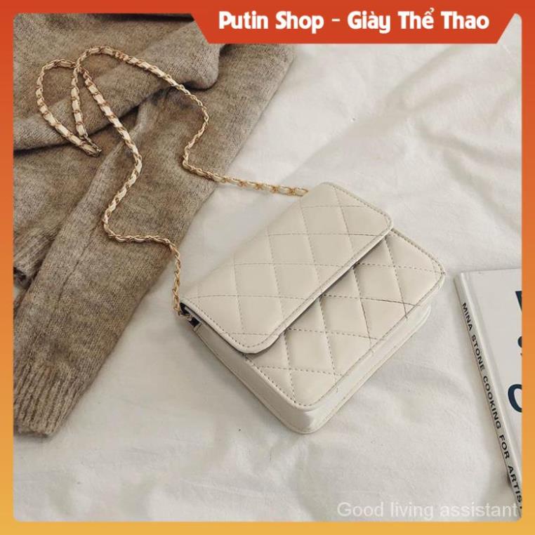 Túi xách đeo chéo phối dây xích phong cách Hàn quốc, Túi xách khoác vai caro các màu trắng kem đen xịn sò