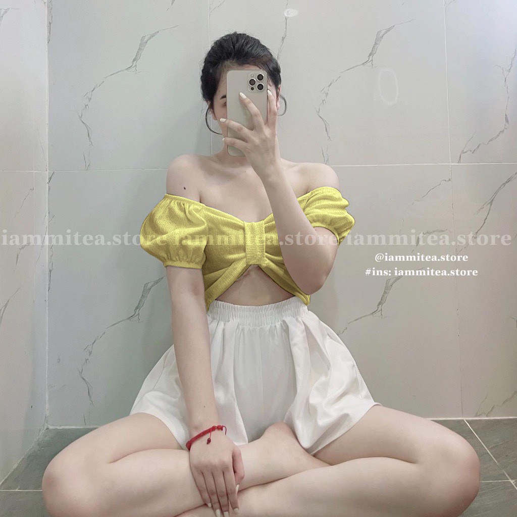 Áo xốp croptop trễ vay tay ngắn bo tay nhúm ngực cực xinh , chất xốp mềm mịn