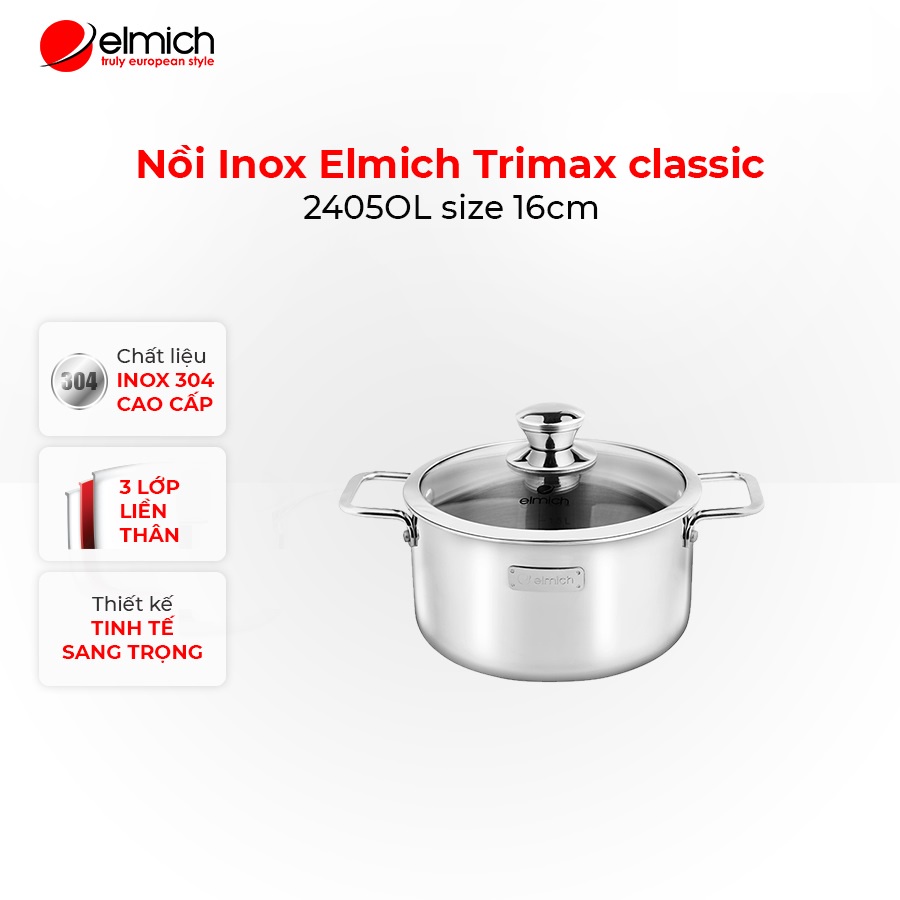 [Mã LIFECPMALL giảm 12% đơn 250K] Nồi Inox 3 lớp đáy liền Elmich Trimax classic 2405OL size 16cm