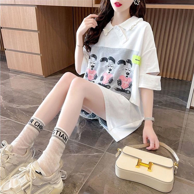 Áo polo Ngắn Tay Dáng Rộng Thêu Họa Tiết Hoạt Hình Thời Trang Mùa Hè Cho Nữ
