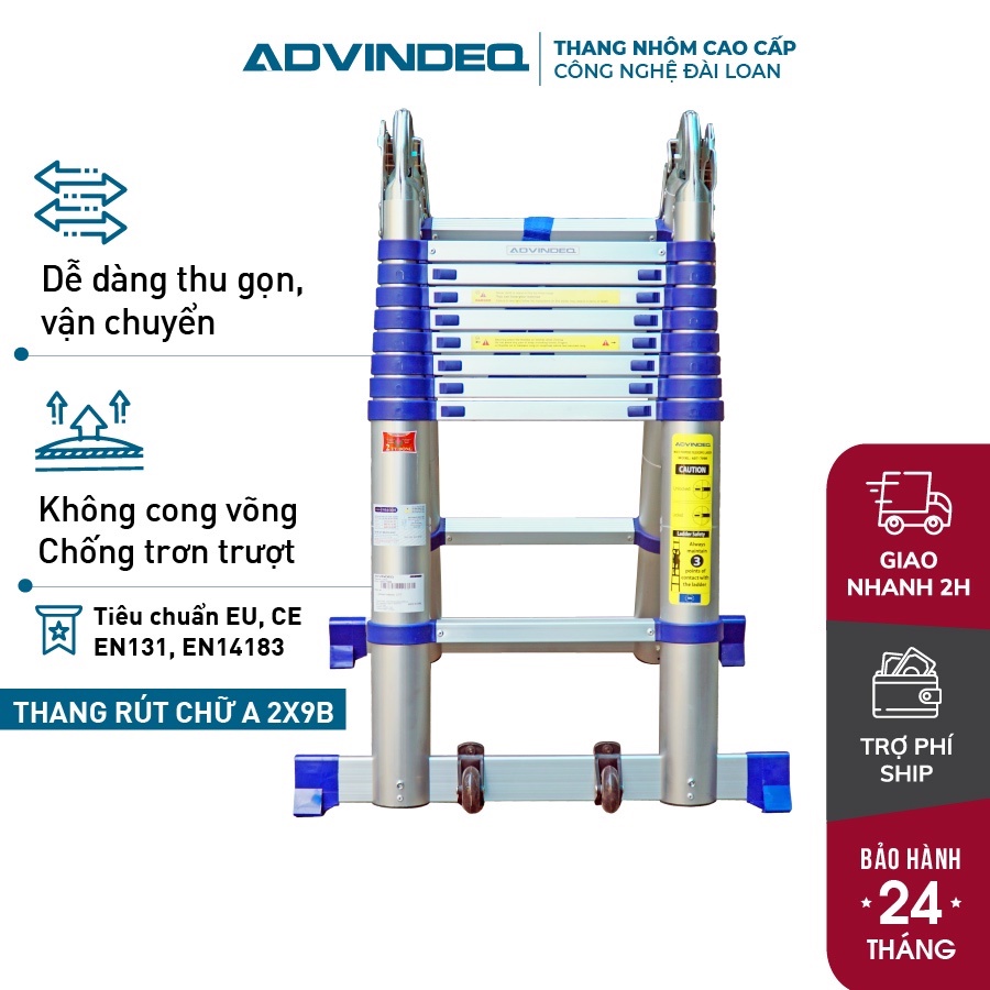 Thang nhôm rút chữ A Nhập Khẩu 4,4M - 5M- 5,6M gấp gọn chính hãng ADVINDEQ, thang rút đôi xếp gọn gia đình đa năng