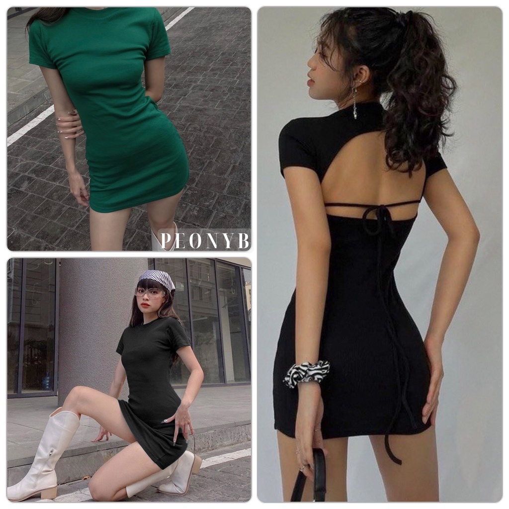 Váy Thun Khoét Lưng Phối Dây PEONYB Nữ [FREESHIP]  Đầm body dáng ôm cộc tay kiểu hàn quốc sexy cá tính Ulzzang