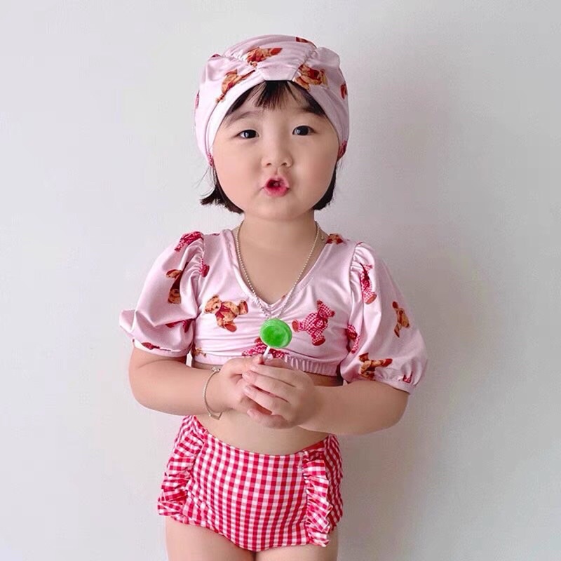 Đồ Bơi 2 Mảnh Bé Gái, Bikini 2 Màu Kèm Nón Cho Bé