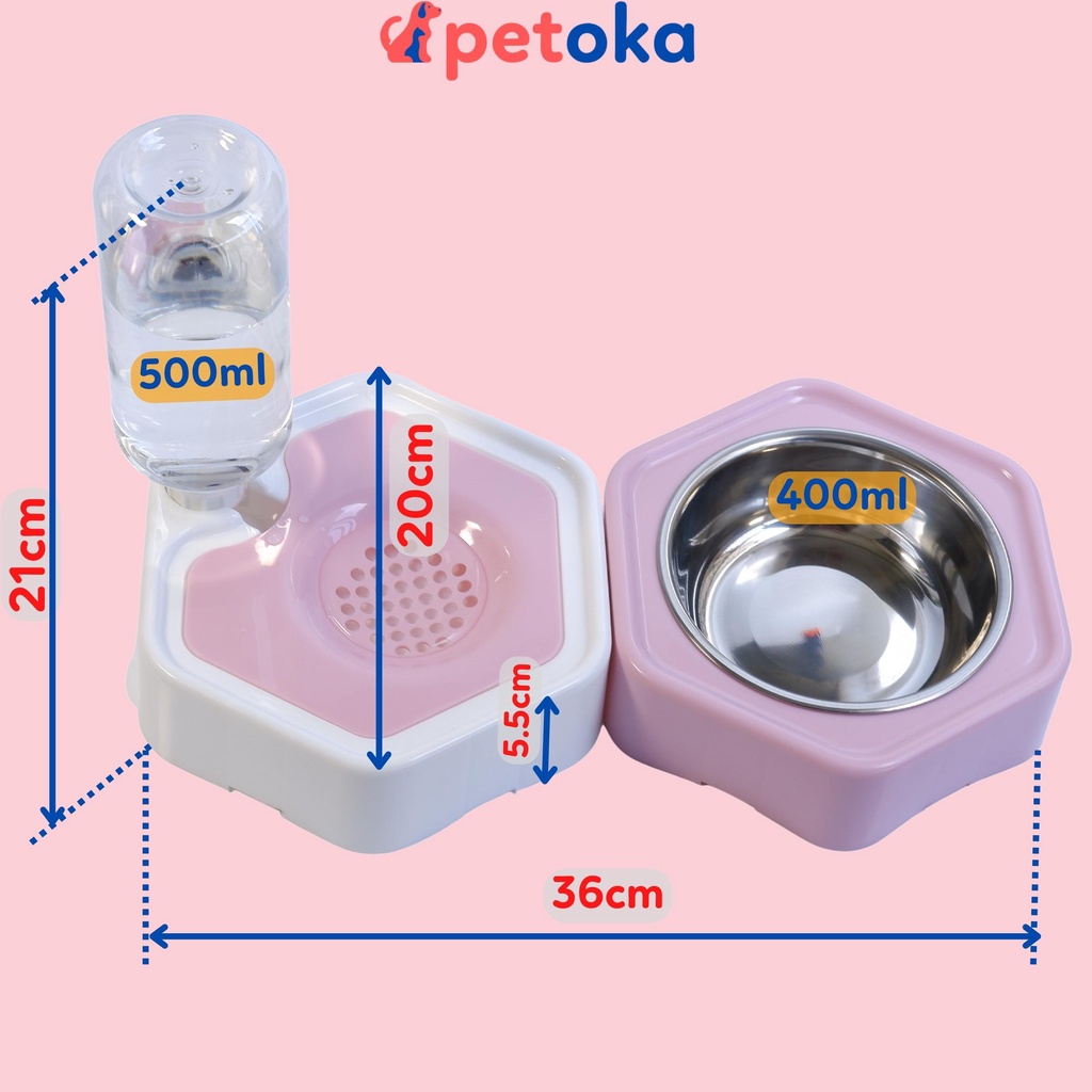 Bát cho chó mèo ăn, khay nước tự động lắp ghép thành bộ cho thú cưng kèm bình 500ml Petoka
