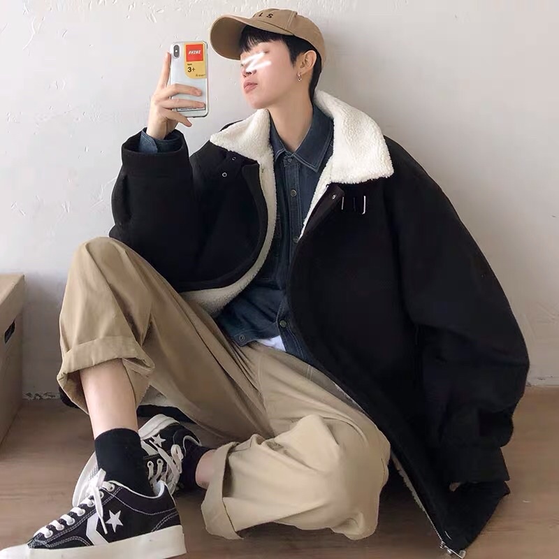 Áo khoác dạ lót lông trắng dáng rộng oversize style Hàn Quốc Ulzzang siêu đẹp ❤️