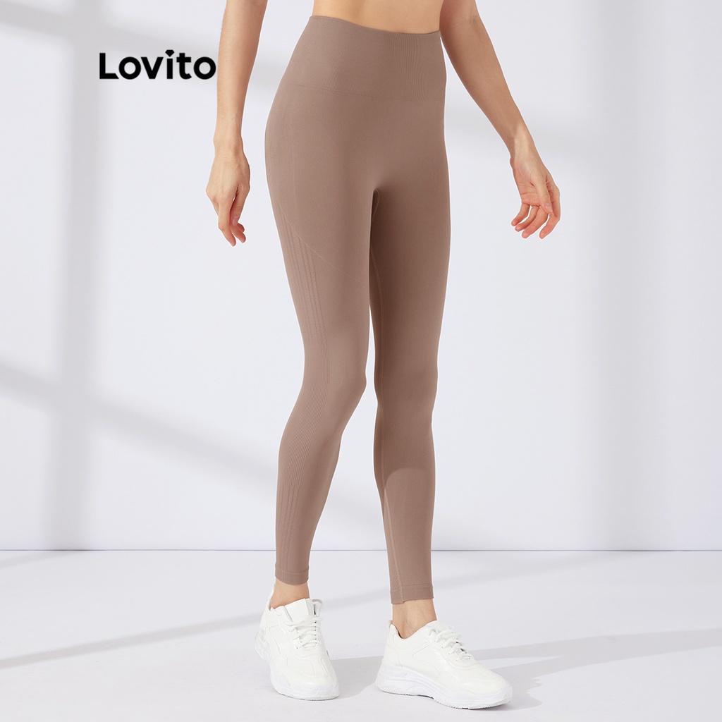 Quần legging thể thao Lovito cạp cao màu trơn bản rộng L23AD028 (màu đen/màu cà phê/màu trắng)