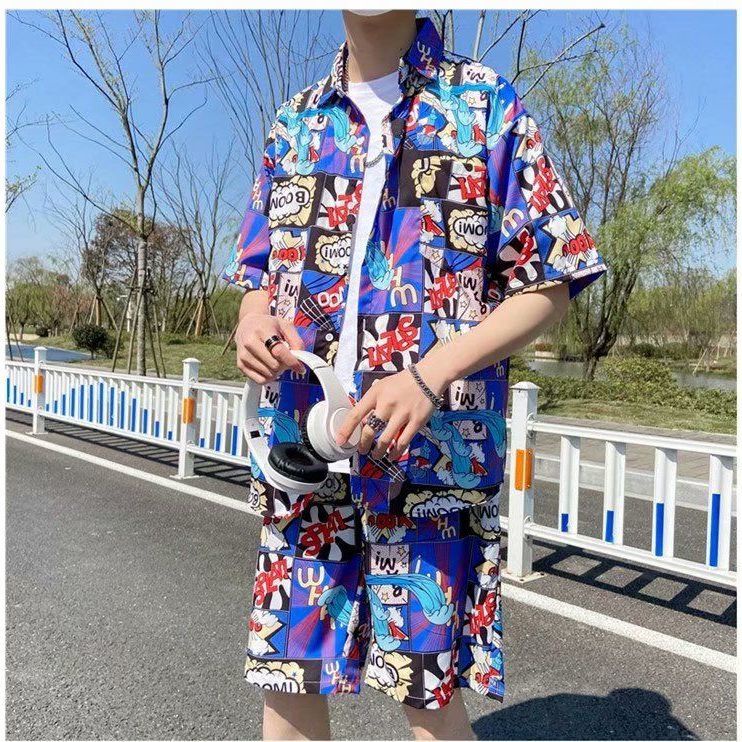 Bộ Áo Sơ Mi Ngắn Tay + Quần Short Dáng Rộng Phong Cách Hawaii Thời Trang Đi Biển Mùa Hè Cho Nam