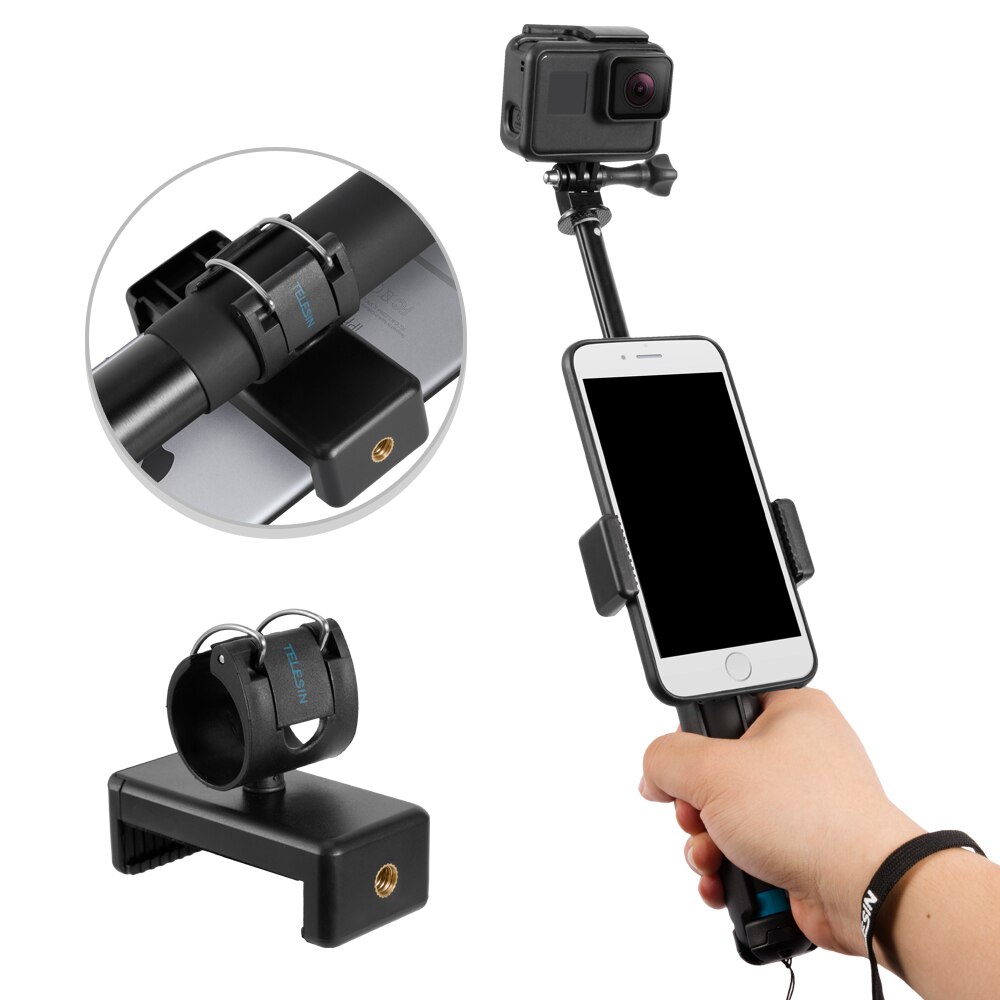 TELESIN-Palo de Selfie extensible de aleación de aluminio con trípode y Clip para teléfono para GoPro Hero 5 6 7 8 9 Xiaomi Yi DJI Osmo Action