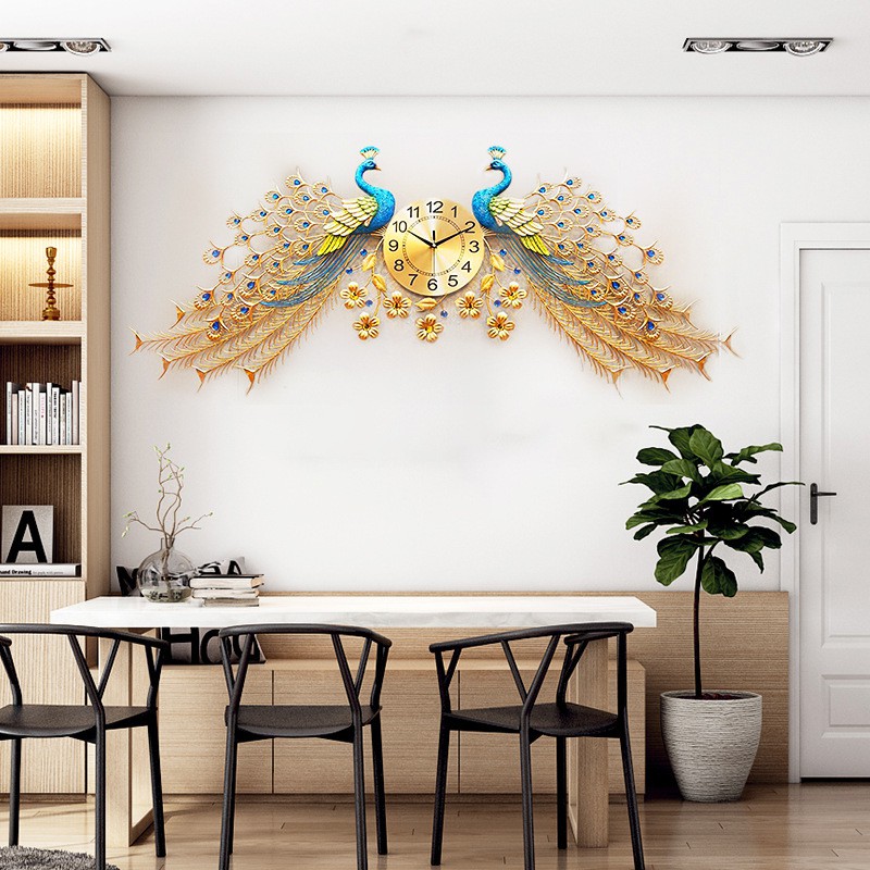Đồng hồ treo tường trang trí hai con chim công khổng tước KD686 trang trí phòng khách đẹp