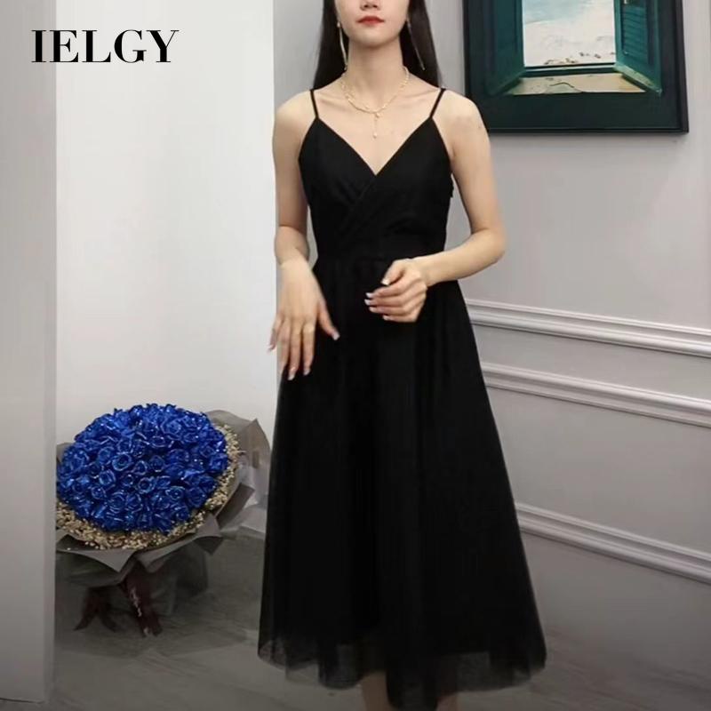 Đầm dây treo IELGY kiểu lưới màu đen cho nữ