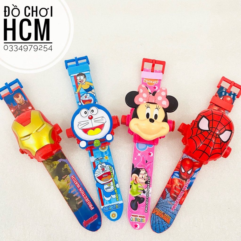 Đồ chơi trẻ em đồng hồ đeo tay chiếu hình ảnh lên tường 3D Spider man, Hello Kitty, Doremon, Iron man BH289