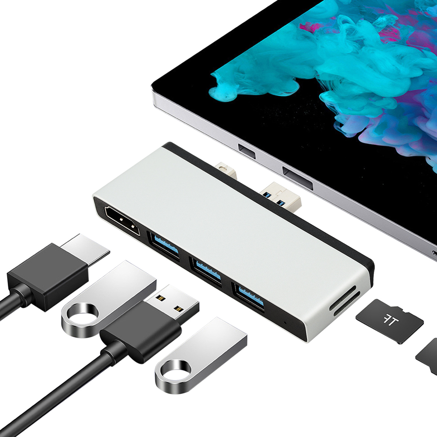 Đầu chuyển đổi có khe cắm thẻ SD / TF vỏ hộp kim nhôm cổng HDMI 4K 3 cổng USB 3.0 5Gps cho Surface Pro 6 5 4