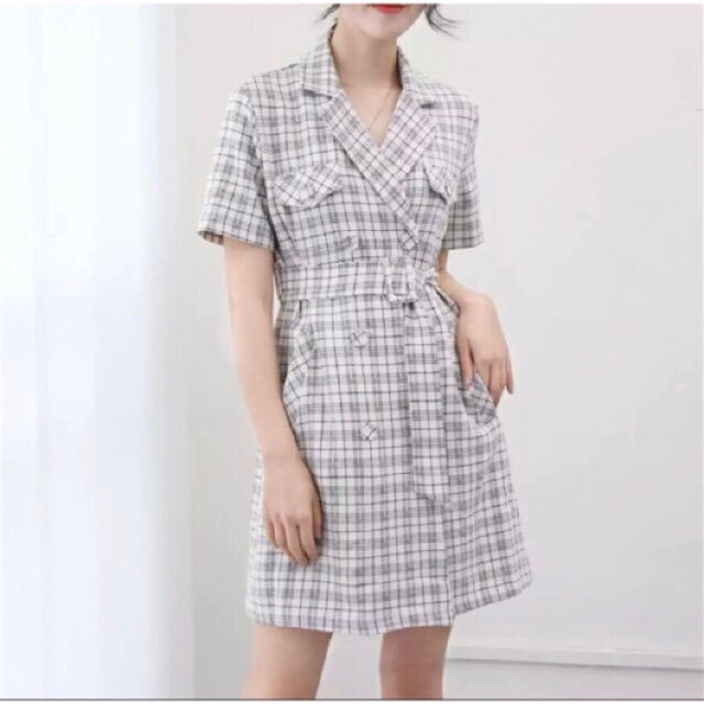 Đầm cổ vest caro thanh lịch/Hàng thiết kế | BigBuy360 - bigbuy360.vn
