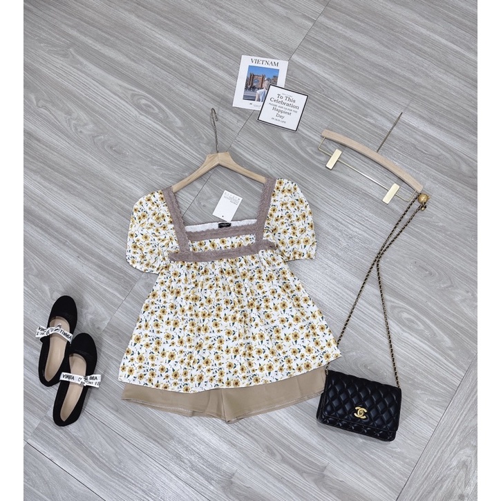 Set áo babydoll hoa cổ vuông tay bồng kèm quần sooc đùi thời trang nữ