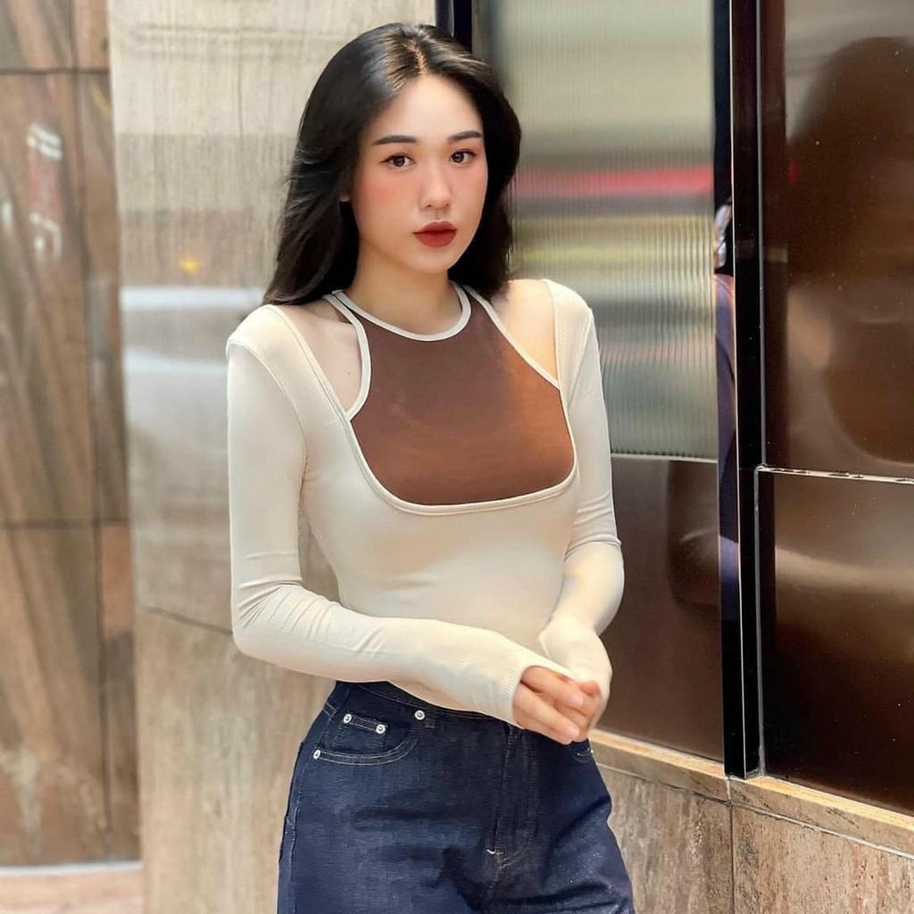 Áo len nữ thun zip dài tay phối cổ yếm L1 hot trend 2022