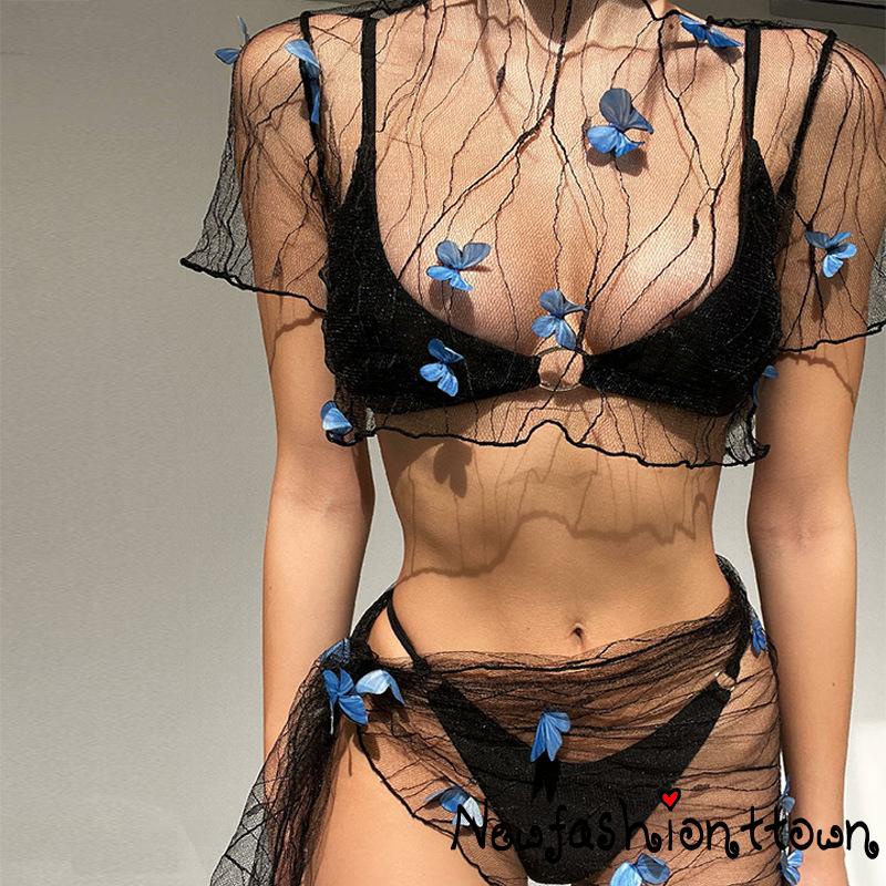 Áo Lưới Mặc Ngoài Bikini Ngắn Tay Họa Tiết Bướm Ba Chiều Gợi Cảm Cho Nữ