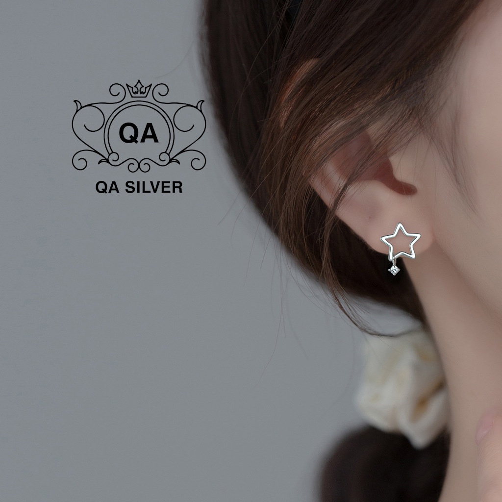 Khuyên tai bạc 925 ngôi sao năm cánh chốt bi bạc bông nam nữ tối giản S925 STAR QA SILVER Earrings EA230304
