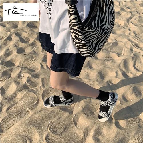 Giày Sandal Đế Phẳng Họa Tiết Ngựa Vằn Thời Trang Mùa Hè Dành Cho Nữ