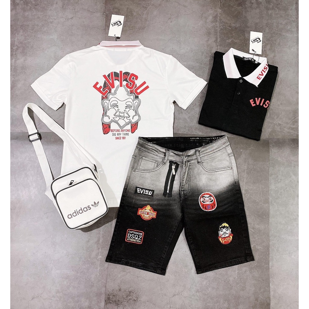 Quần short jean nam cao cấp short EVISU mix khoá kéo vải dày chất lượng như hình