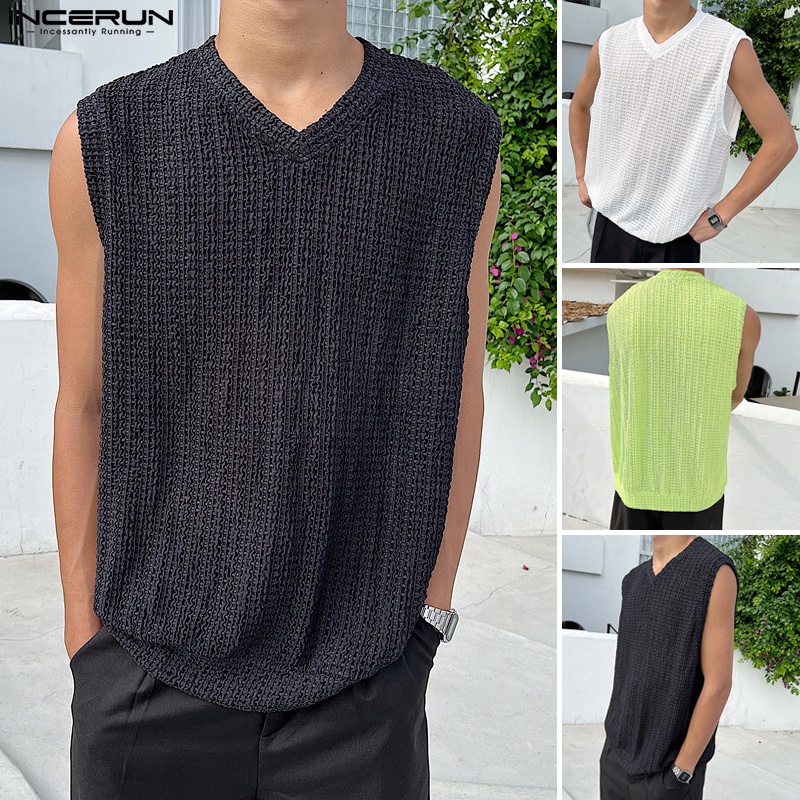 Áo ba lỗ INCERUN màu trơn cổ chữ V thời trang mùa hè dành cho nam size S-5XL