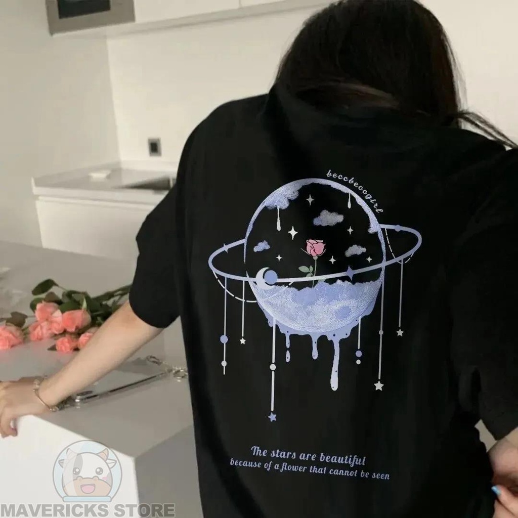 Áo Thun Cotton Tay Ngắn Dáng Rộng In Hình Hành Tinh Màu Hồng Thời Trang Mùa Hè Cho Nữ
