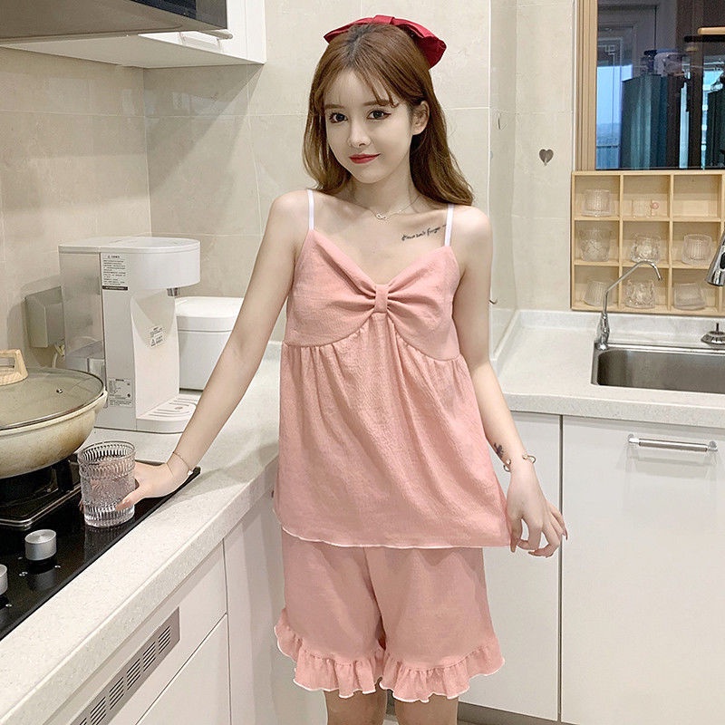 2022 suspender pajamas girls summer lovely bow new foam online celebrity girl student home suit