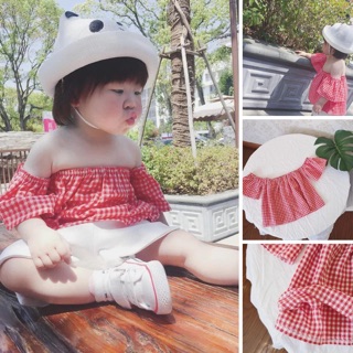 Áo đôi mẹ con kẻ ô đỏ trễ vai