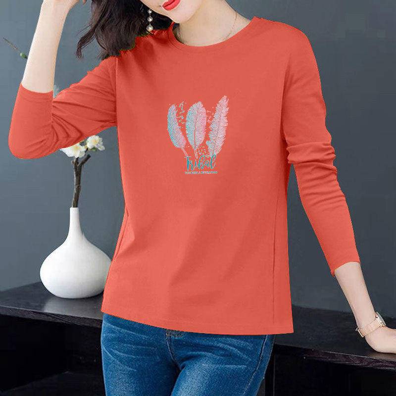 Áo thun cotton cổ tròn tay dài plus size cho phụ nữ trung niên