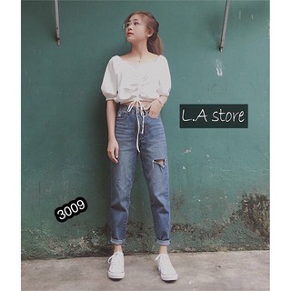 Quần baggy jean nữ rách lưng cao hot trend