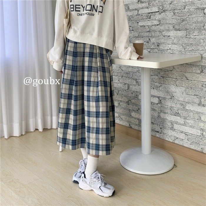(ORDER) Chân váy midi xòe dài xếp ly kẻ sọc caro vintage mùa thu - Có ảnh thật