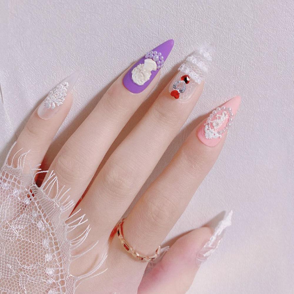 QQMALL Miếng Dán Móng Tay Tự Dính Họa Tiết Ren Thỏ Gothic Dành Cho Cô Dâu