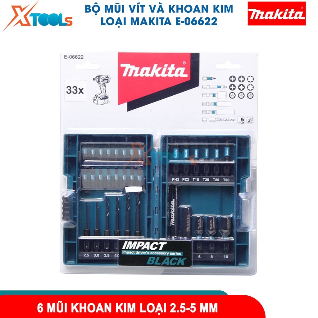 Bộ mũi vít và khoan kim loại Impact Black Makita E-06622 33 chi tiết, chất liệu hợp kim siêu bền bỉ [CHÍNH HÃNG][XTOOLS]