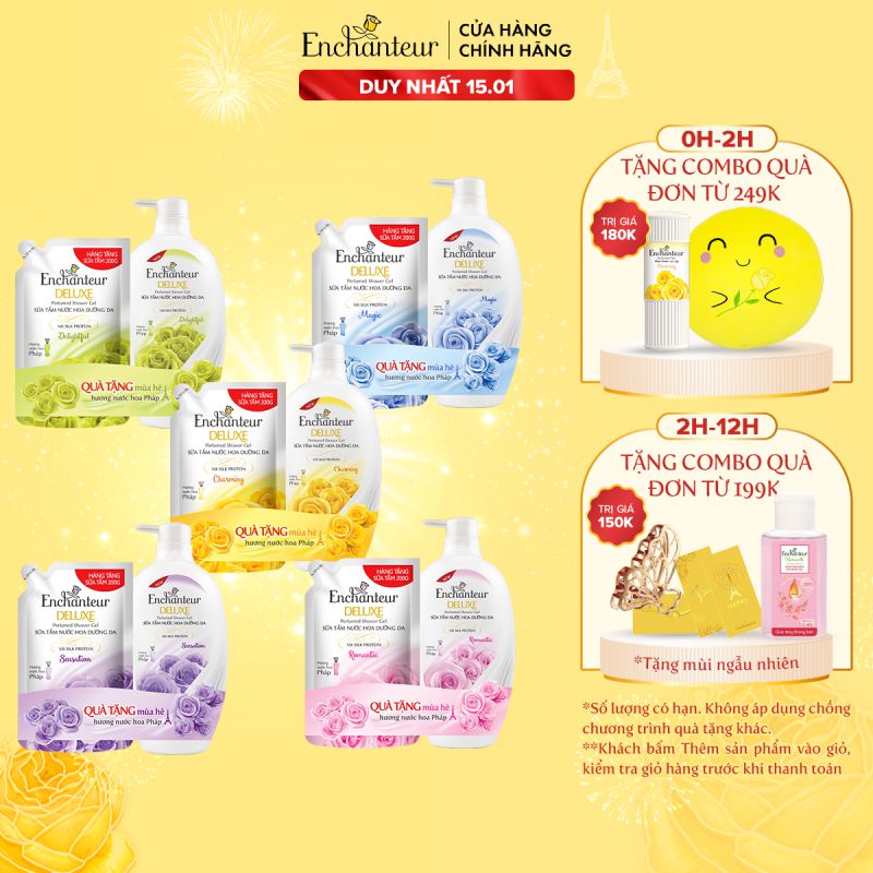 Sữa tắm Enchanteur Charming/Sensation/ Delightful/ Romantic/Magic 650gr+ Tặng Túi sữa tắm 200g