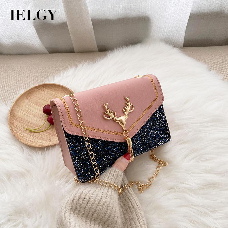 Túi IELGY đeo vai/ đeo chéo di động dáng vuông đính kim sa nhám phối tua rua thời trang Hàn Quốc