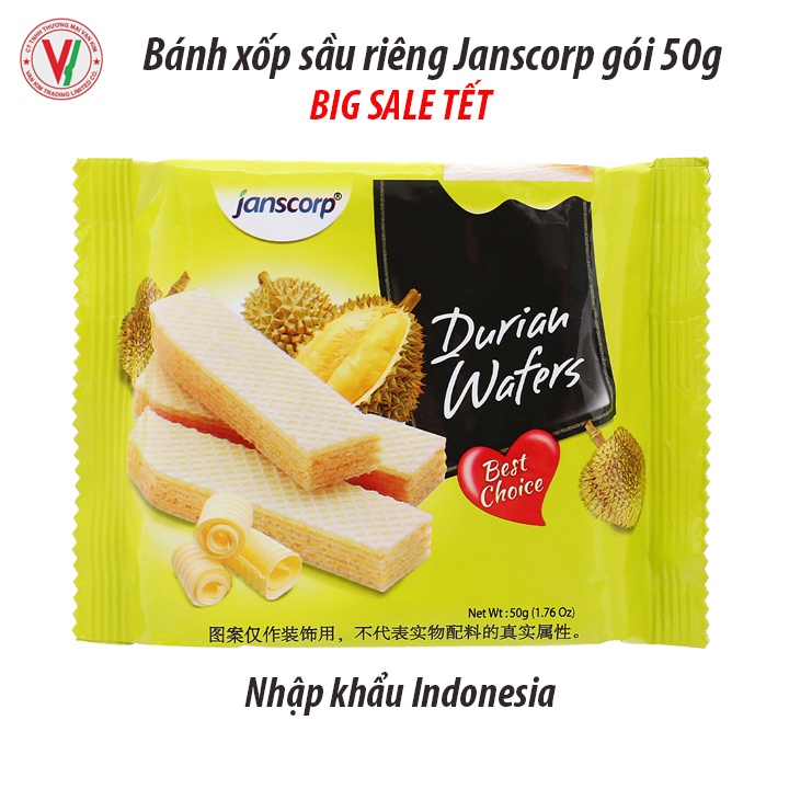 Combo 15 Gói Bánh Xốp Sầu Riêng Janscorp Durian Wafers  50g- Thơm Ngon Giòn Tan Nhập Khẩu Indonesia
