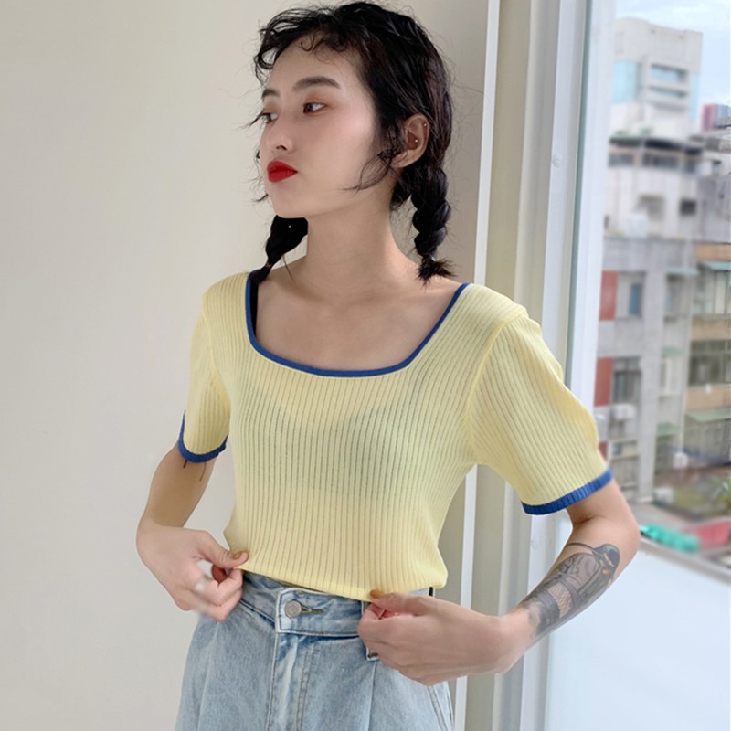 Áo Croptop Dệt Kim Tay Ngắn Cổ Vuông Màu Tương Phản