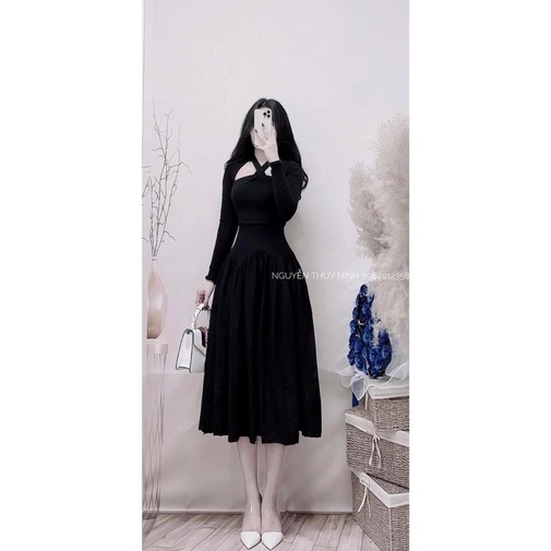 Váy len body 💝FREESHIP💝 Váy len zip boddy xoắn cổ khoét vai xoè sang chảnh