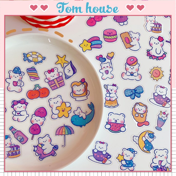 Set miếng dán sticker decal sổ vở gấu trắng size lớn 40 miếng Tom House