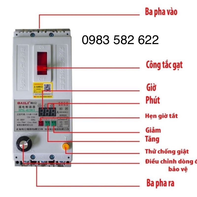 Atomat bảo vệ chống mất pha cho động cơ 3 pha máy bơm nước 40A 100A 380V cso thể điều chỉnh được