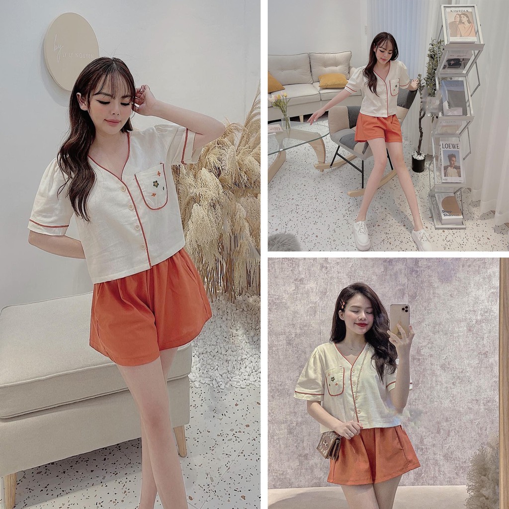 Set Bộ Đũi Tơ Cổ Vuông Thêu Hoa Cam Siêu Xinh