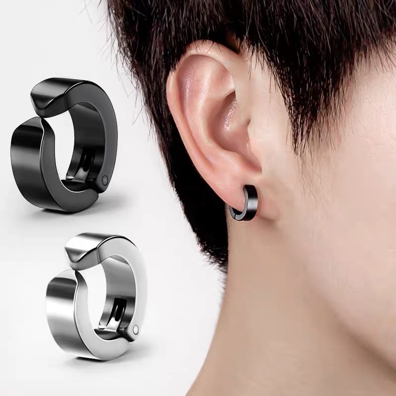 Khuyên tai tròn thép y tế to bản loại kẹp tai không xỏ lỗ và xỏ lỗ